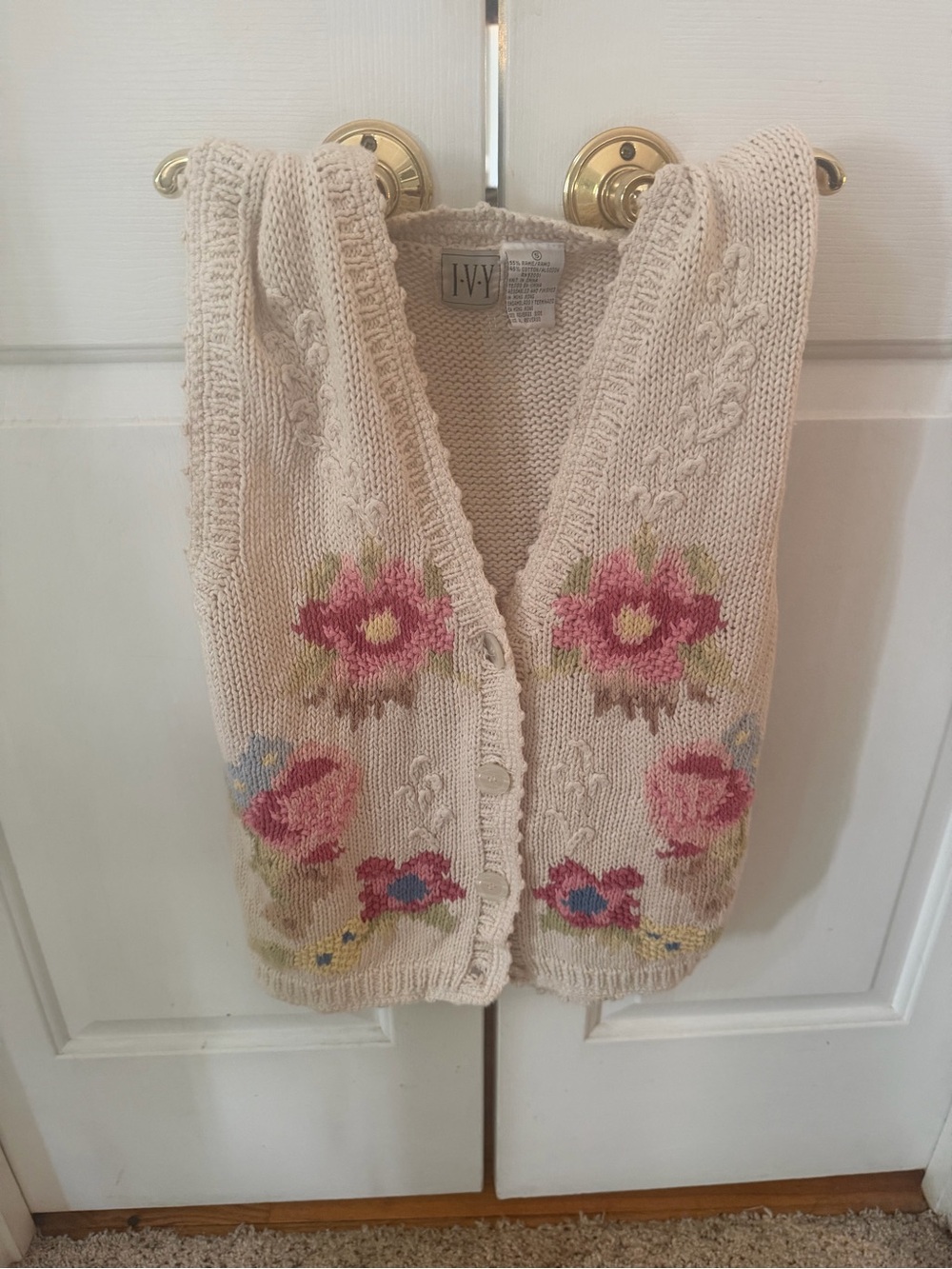 Vintage Ivy Cream Floral Knit Button-Front Sweater Vest